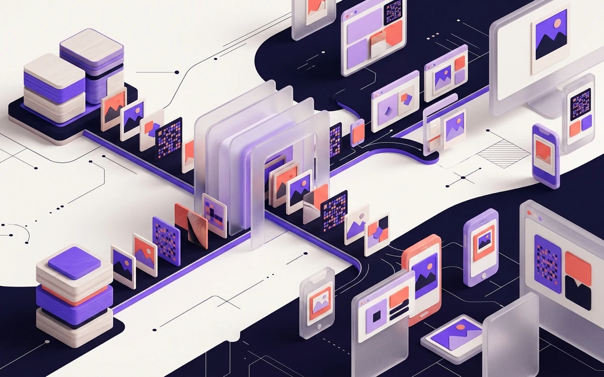Image files flowing from a server through a cache layer to many screens