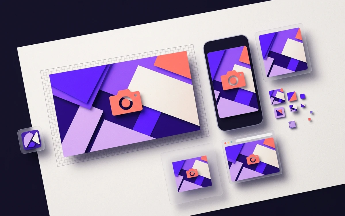 A wide social share card beside smaller cropped previews of the same card