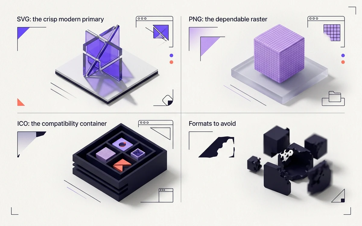 Abstract editorial illustration for Favicon Formats Compared: SVG, PNG and ICO
