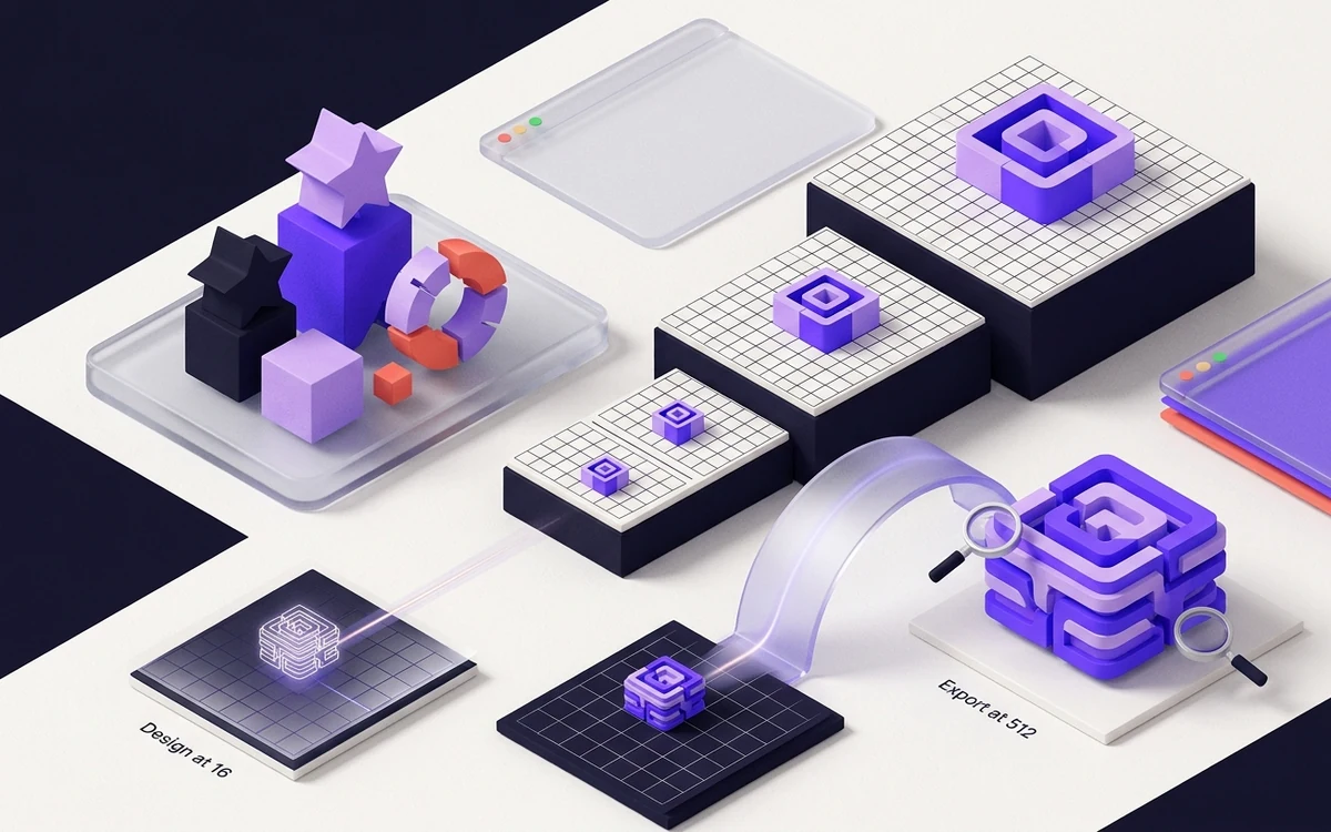Editorial illustration of small icons across browser and device contexts