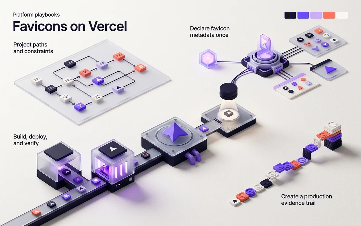 Abstract editorial illustration for Vercel Favicons: Static Files, Rewrites and CDN Cache