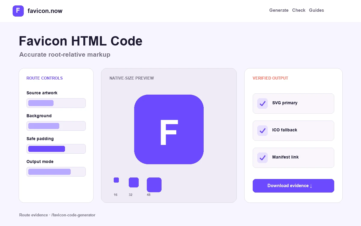 Favicon HTML code generator options and copy-ready result