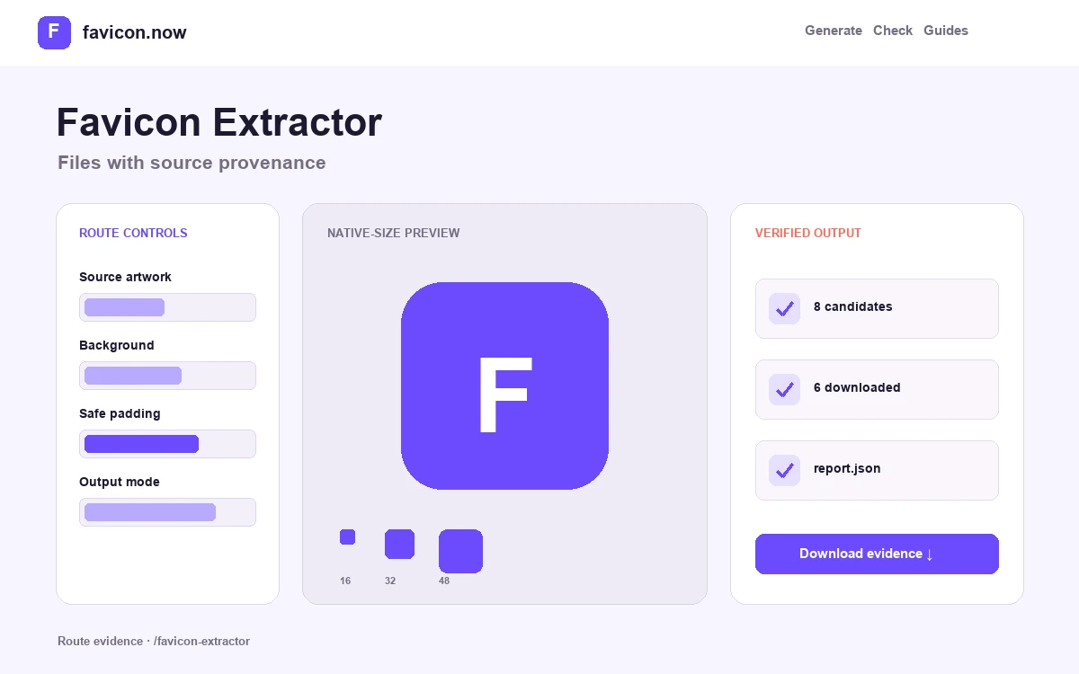 Favicon Extractor & Downloader report interface with route-specific findings
