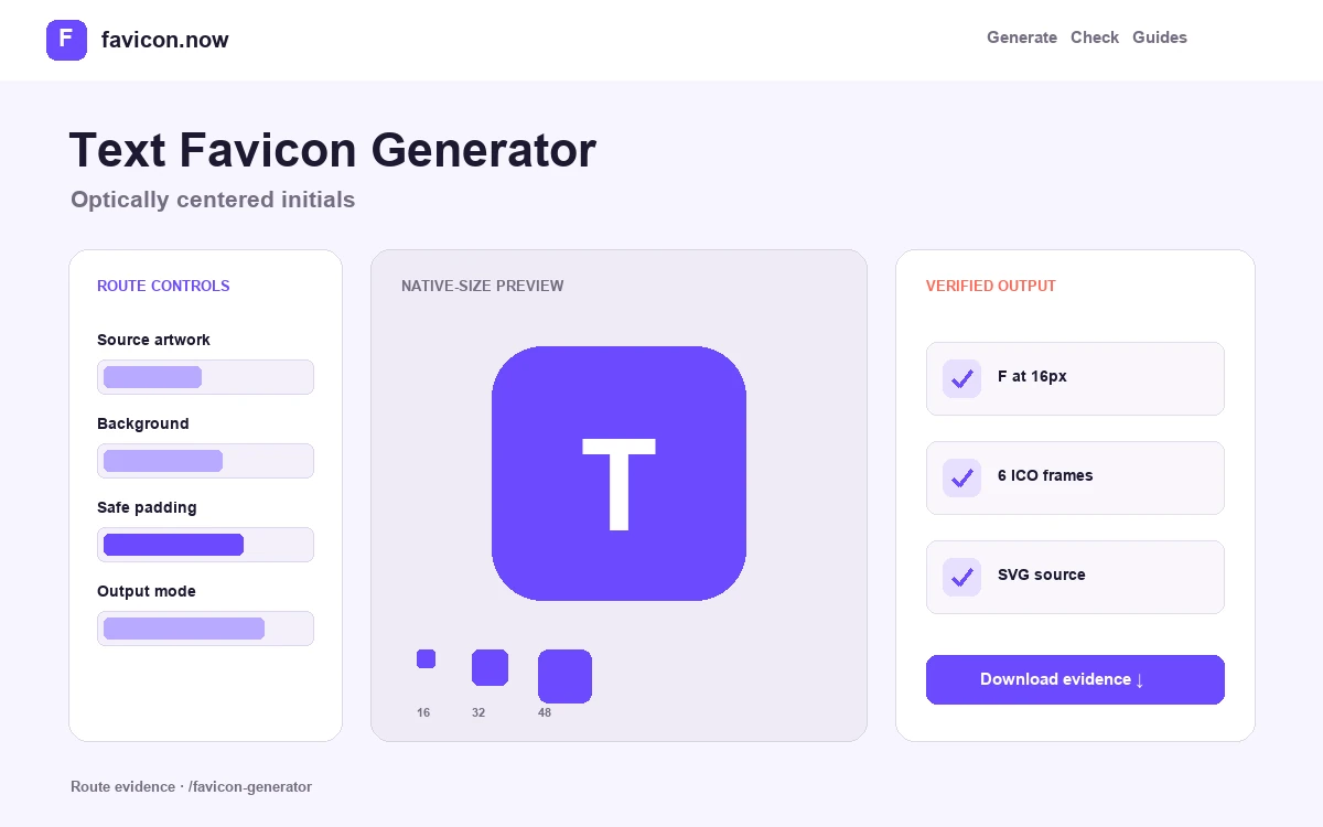 Text to Favicon Generator interface and production output preview