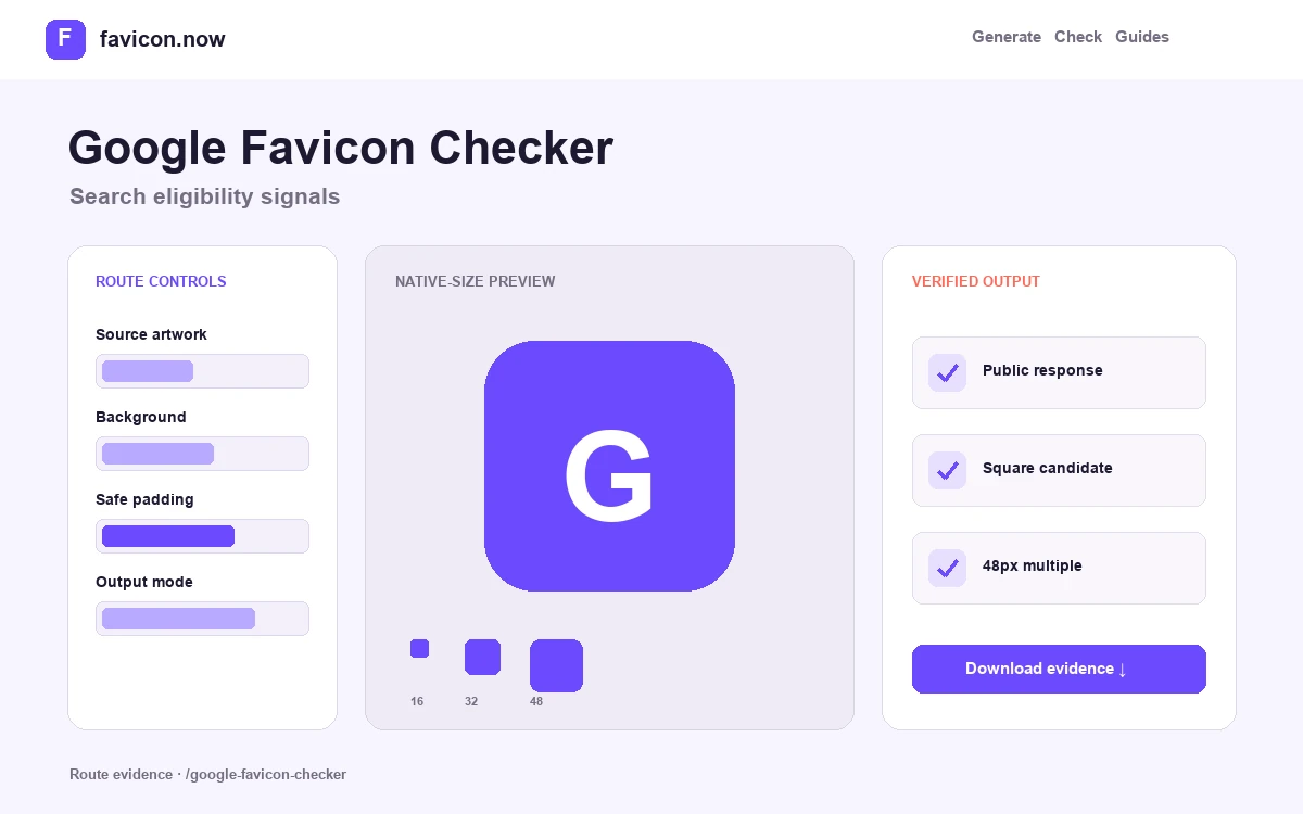Google Favicon Checker report interface with route-specific findings