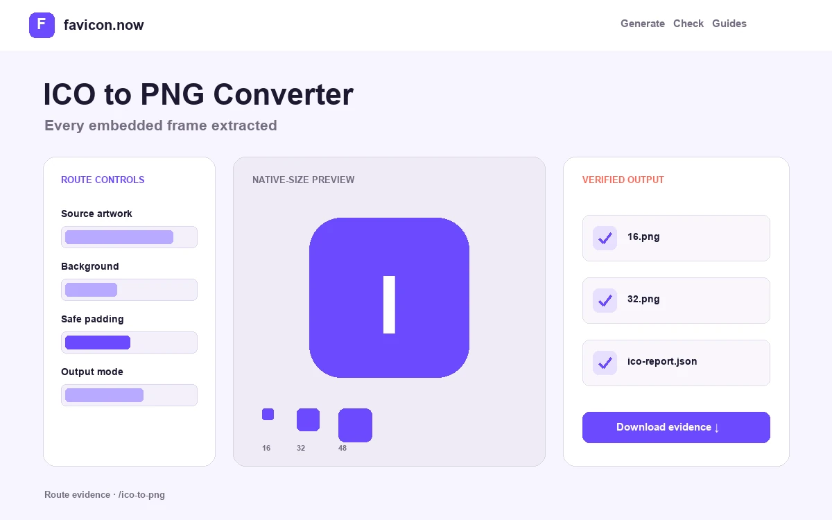 ICO to PNG Converter route showing its file analysis and output