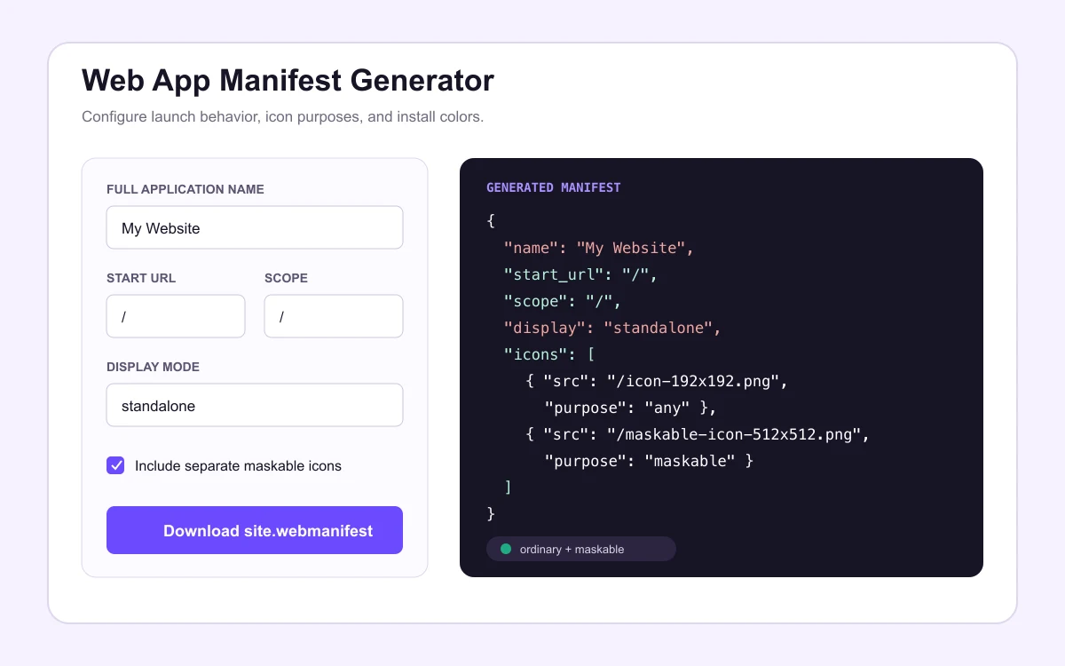 Web app manifest generator controls beside generated ordinary and maskable icon declarations