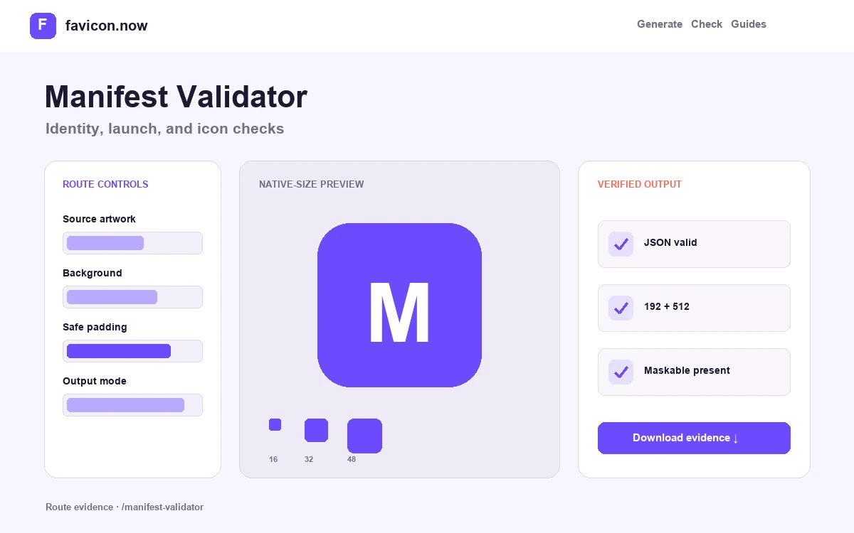 Web app manifest validator showing field and icon-purpose results