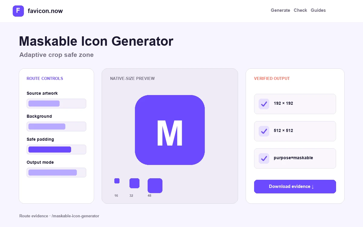 Maskable Icon Generator showing route-specific controls and generated outputs