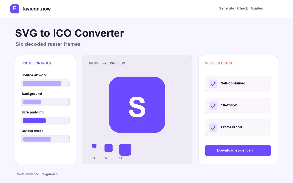 SVG to ICO Converter showing route-specific controls and generated outputs