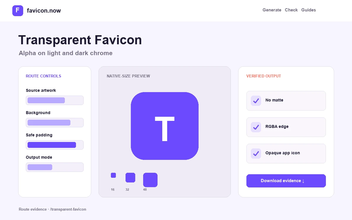 Transparent Favicon Generator showing route-specific controls and generated outputs