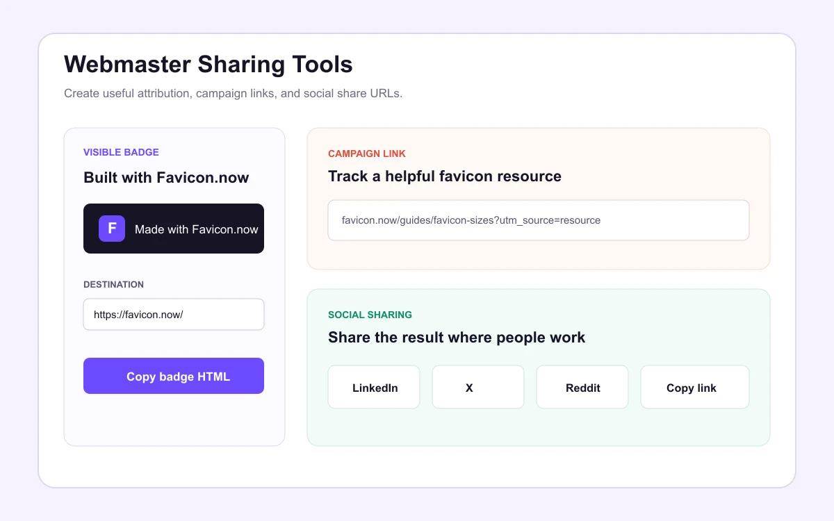 Webmaster sharing tools showing a visible attribution badge, campaign link, and social sharing controls